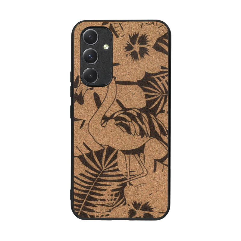 Coque de protection en bois véritable fabriquée en France pour Samsung A54 5G sur le thème de la nature et des animaux représentant un flamant rose entre des fougères