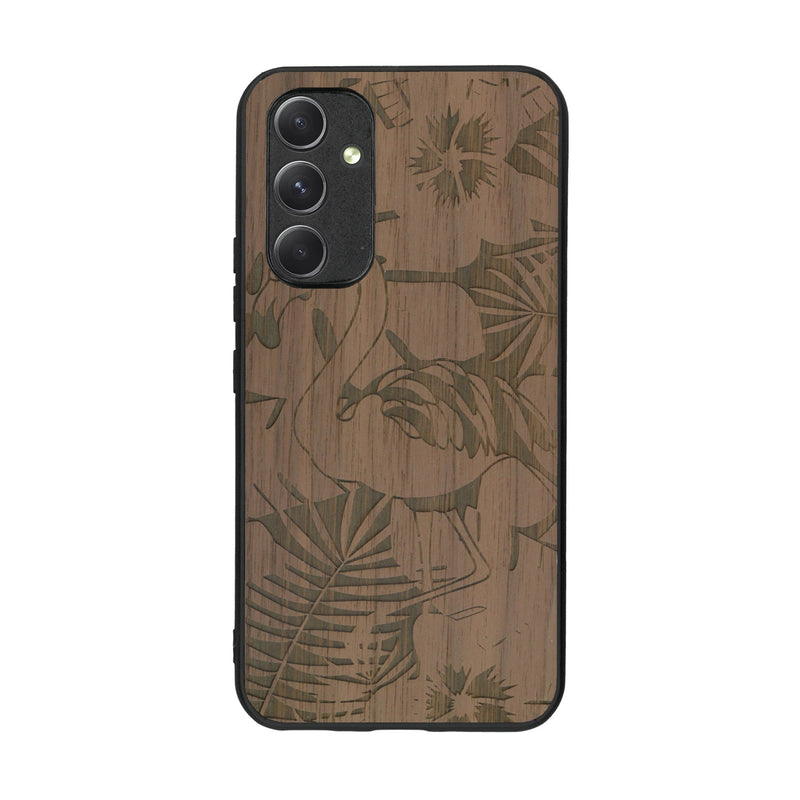 Coque de protection en bois véritable fabriquée en France pour Samsung A54 5G sur le thème de la nature et des animaux représentant un flamant rose entre des fougères