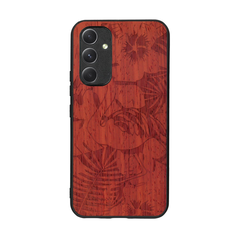 Coque de protection en bois véritable fabriquée en France pour Samsung A54 5G sur le thème de la nature et des animaux représentant un flamant rose entre des fougères