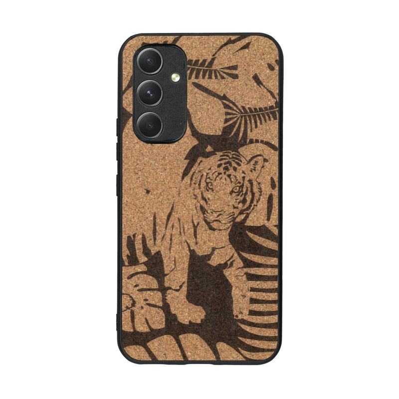 Coque de protection en bois véritable fabriquée en France pour Samsung A54 5G sur le thème de la nature et des animaux représentant un tigre dans la jungle entre des fougères