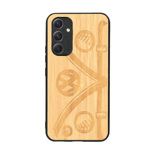 Coque de protection en bois véritable fabriquée en France pour Samsung A54 5G sur le thème de l'automobile avec un van combi