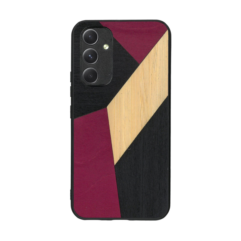 Coque de protection en bois véritable fabriquée en France pour Samsung A54 5G alliant du bambou, du tulipier rose et noir en forme de mosaïque minimaliste sur le thème de l'art abstrait