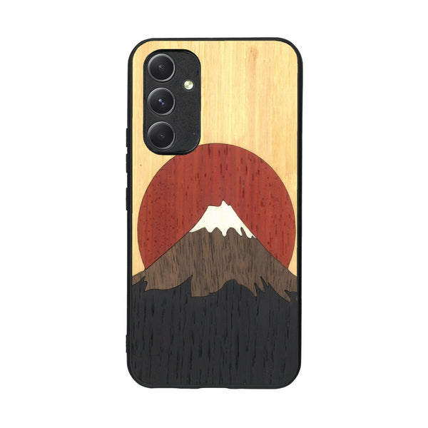 Coque de protection en bois véritable fabriquée en France pour Samsung A54 5G alliant plusieurs essences de bois pour représenter le mont Fuji