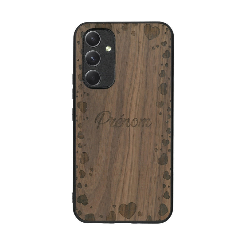 Coque de protection en bois véritable fabriquée en France pour Samsung A54 5G sur le thème de la fête des mères avec un motif représentant des coeurs et des feuilles