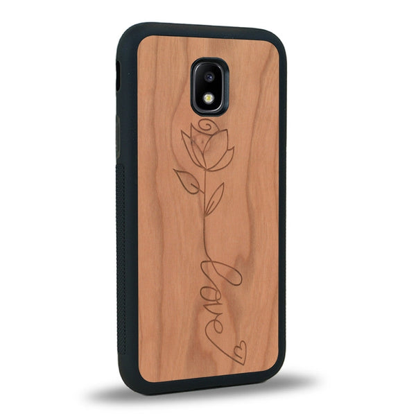 Coque de protection en bois véritable fabriquée en France pour Samsung J3 2017 sur le thème de la fête des mères avec un motif représentant une fleur dont la tige forme le mot "love"