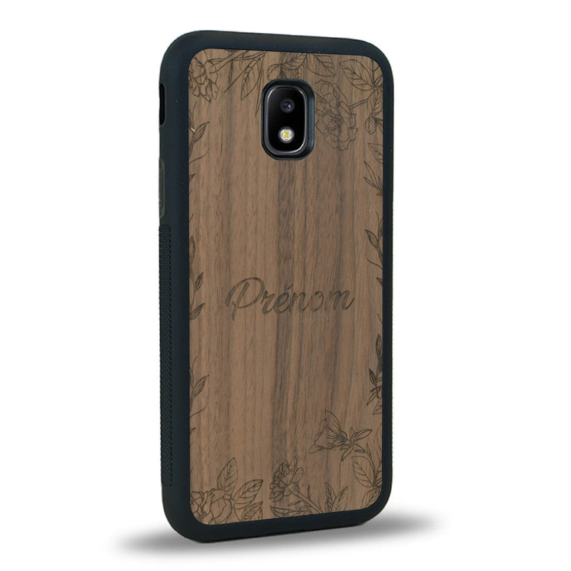 Coque de protection en bois véritable fabriquée en France pour Samsung J3 2017 sur le thème de la fête des mères avec un motif représentant des fleurs et des feuilles