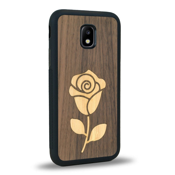 Coque de protection en bois véritable fabriquée en France pour Samsung J3 2017 alliant plusieurs essences de bois pour représenter une rose