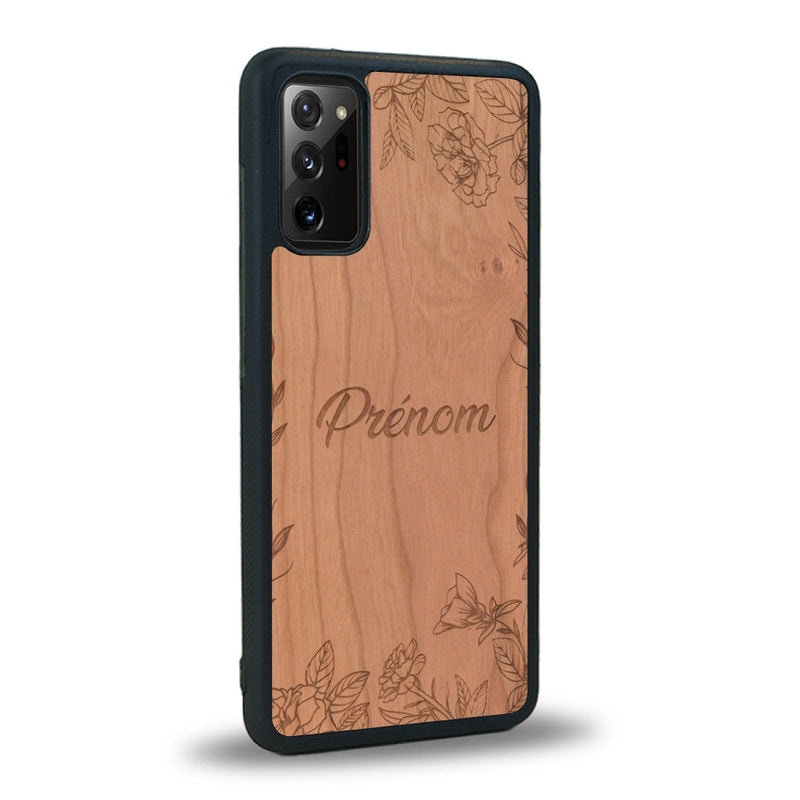 Coque de protection en bois véritable fabriquée en France pour Samsung Note 20 sur le thème de la fête des mères avec un motif représentant des fleurs et des feuilles