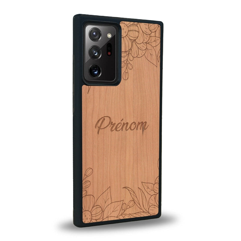 Coque de protection en bois véritable fabriquée en France pour Samsung Note 20+ sur le thème de la fête des mères avec un motif représentant des fleurs et des feuilles