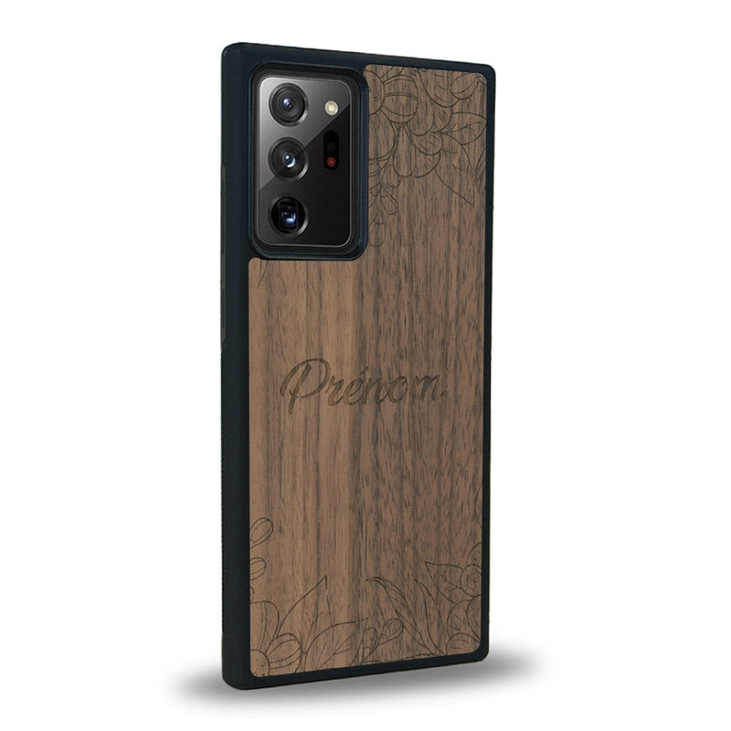 Coque de protection en bois véritable fabriquée en France pour Samsung Note 20+ sur le thème de la fête des mères avec un motif représentant des fleurs et des feuilles