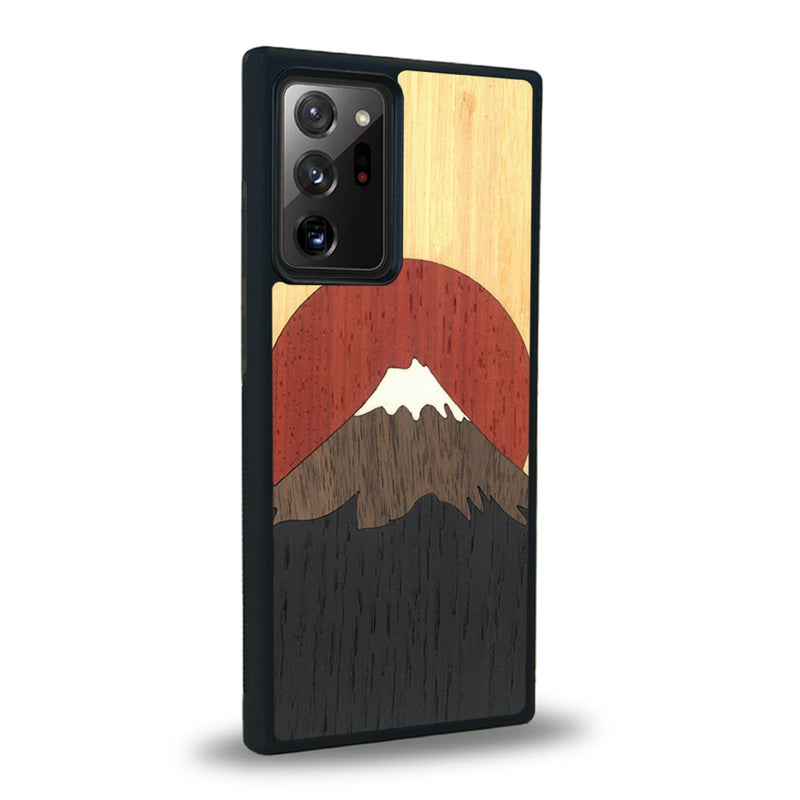 Coque de protection en bois véritable fabriquée en France pour Samsung Note 20+ alliant plusieurs essences de bois pour représenter le mont Fuji