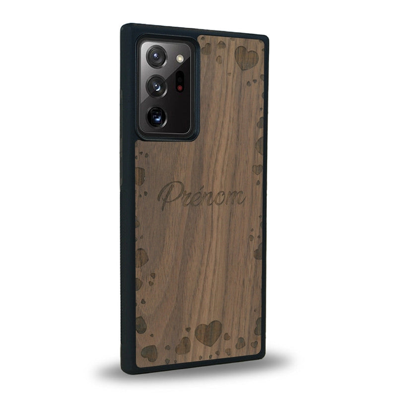 Coque de protection en bois véritable fabriquée en France pour Samsung Note 20+ sur le thème de la fête des mères avec un motif représentant des coeurs et des feuilles