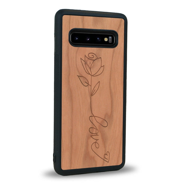 Coque de protection en bois véritable fabriquée en France pour Samsung Note 8 sur le thème de la fête des mères avec un motif représentant une fleur dont la tige forme le mot "love"