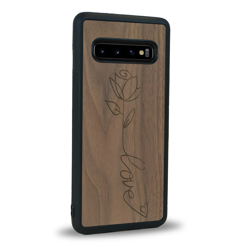 Coque de protection en bois véritable fabriquée en France pour Samsung Note 8 sur le thème de la fête des mères avec un motif représentant une fleur dont la tige forme le mot "love"