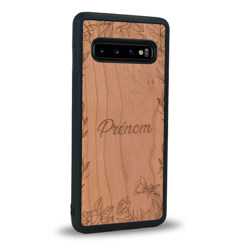 Coque de protection en bois véritable fabriquée en France pour Samsung Note 8 sur le thème de la fête des mères avec un motif représentant des fleurs et des feuilles