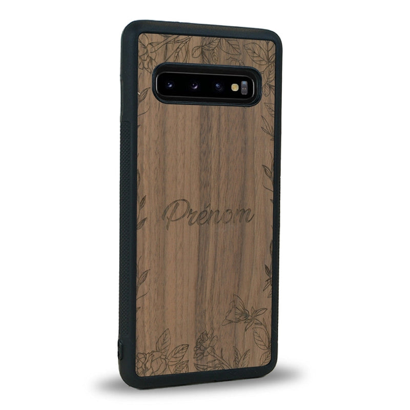 Coque de protection en bois véritable fabriquée en France pour Samsung Note 8 sur le thème de la fête des mères avec un motif représentant des fleurs et des feuilles