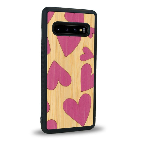 Coque de protection en bois véritable fabriquée en France pour Samsung Note 8 alliant plusieurs essences de bois pour représenter des coeurs pour les amoureux