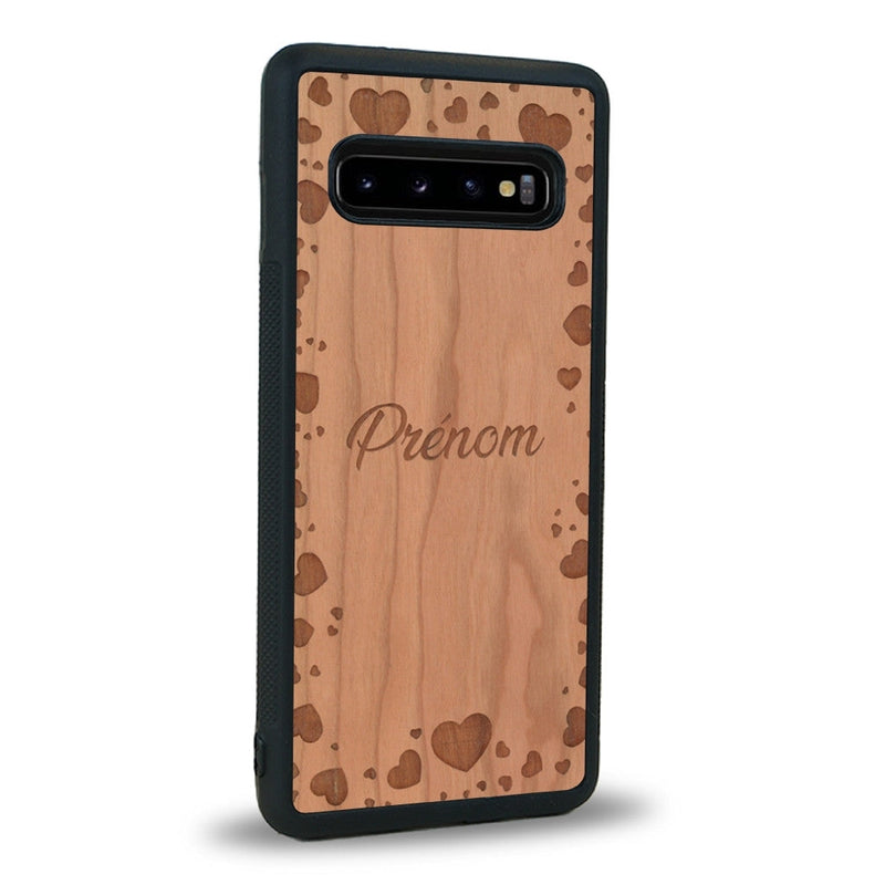 Coque de protection en bois véritable fabriquée en France pour Samsung Note 8 sur le thème de la fête des mères avec un motif représentant des coeurs et des feuilles