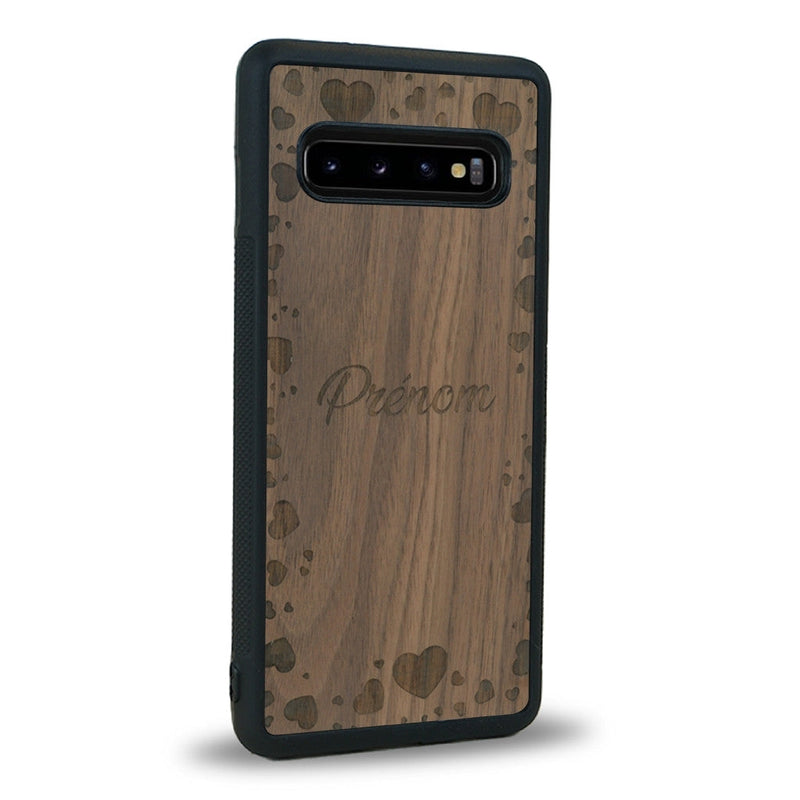 Coque de protection en bois véritable fabriquée en France pour Samsung Note 8 sur le thème de la fête des mères avec un motif représentant des coeurs et des feuilles