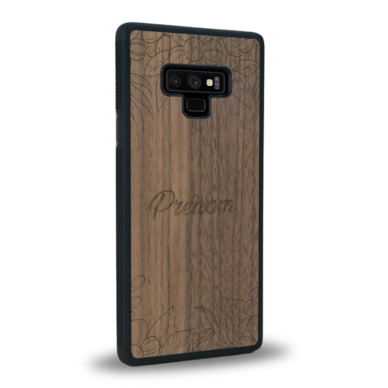 Coque de protection en bois véritable fabriquée en France pour Samsung Note 9 sur le thème de la fête des mères avec un motif représentant des fleurs et des feuilles