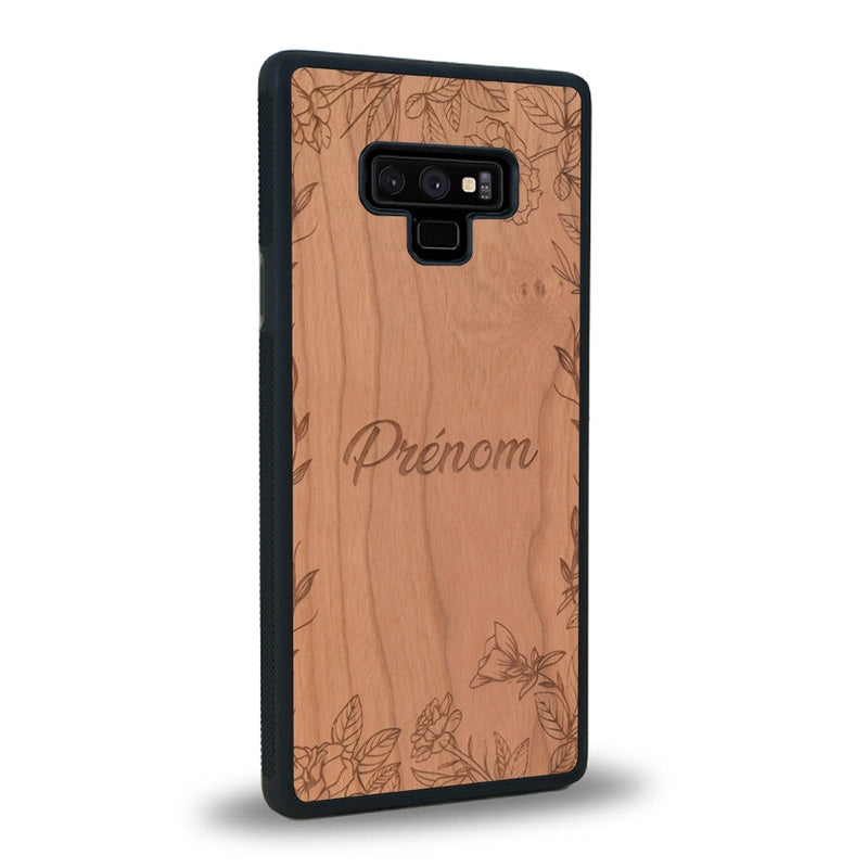 Coque de protection en bois véritable fabriquée en France pour Samsung Note 9 sur le thème de la fête des mères avec un motif représentant des fleurs et des feuilles