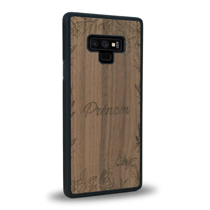 Coque de protection en bois véritable fabriquée en France pour Samsung Note 9 sur le thème de la fête des mères avec un motif représentant des fleurs et des feuilles