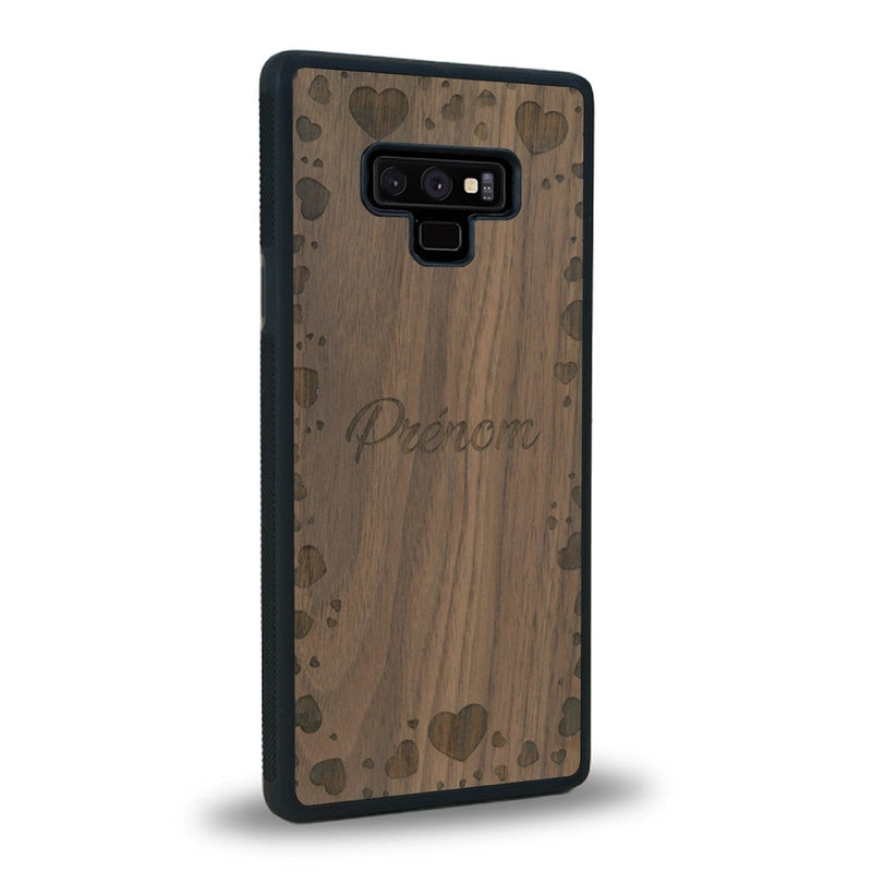 Coque de protection en bois véritable fabriquée en France pour Samsung Note 9 sur le thème de la fête des mères avec un motif représentant des coeurs et des feuilles