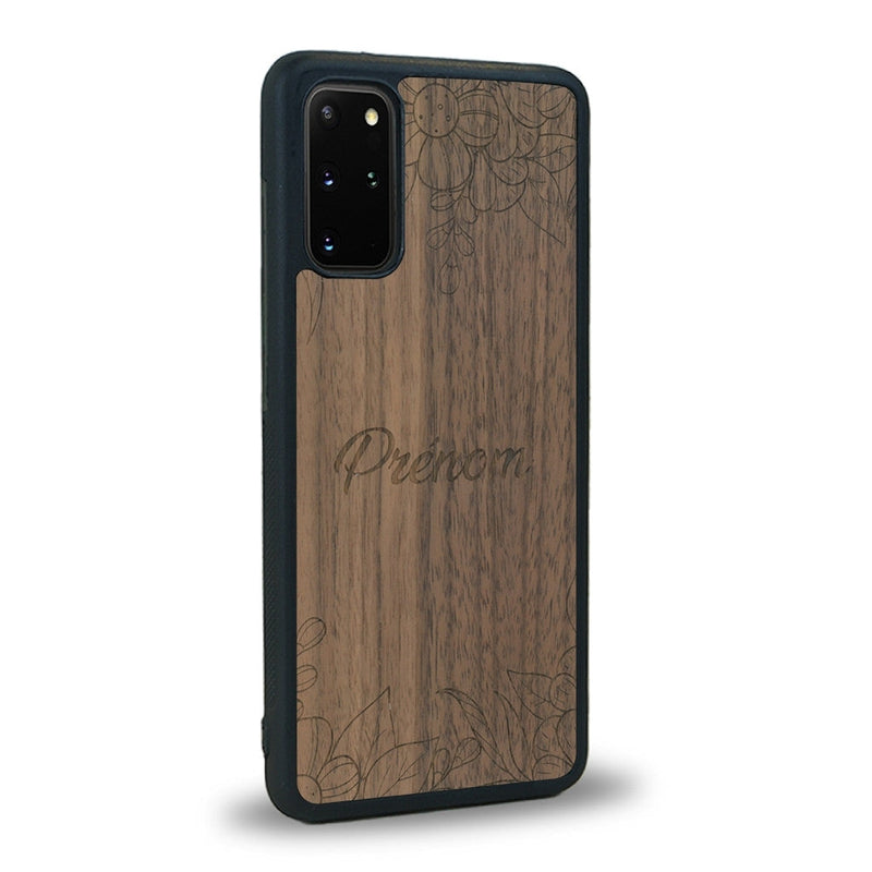 Coque de protection en bois véritable fabriquée en France pour Samsung S20 sur le thème de la fête des mères avec un motif représentant des fleurs et des feuilles