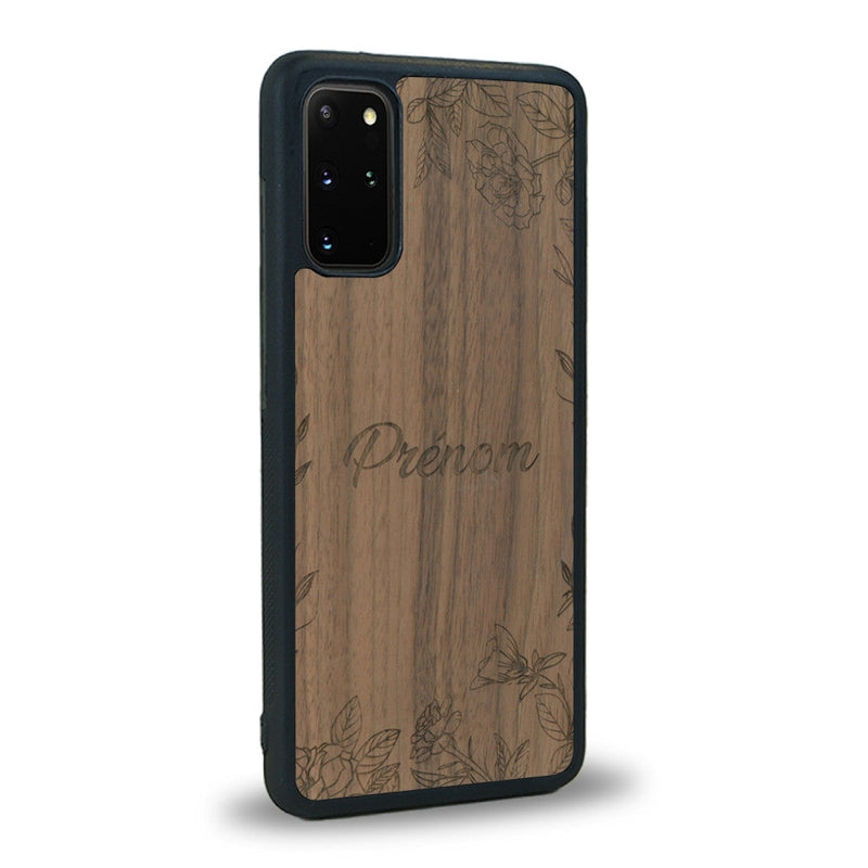 Coque de protection en bois véritable fabriquée en France pour Samsung S20 sur le thème de la fête des mères avec un motif représentant des fleurs et des feuilles