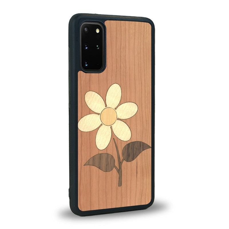 Coque de protection en bois véritable fabriquée en France pour Samsung S20 alliant plusieurs essences de bois pour représenter une marguerite