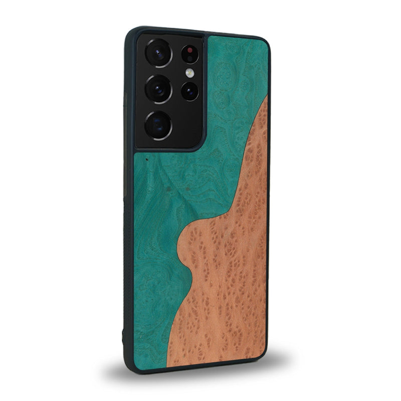 Coque de protection en bois véritable fabriquée en France pour Samsung S20 Ultra alliant plusieurs essences de bois pour représenter une plage paradisiaque