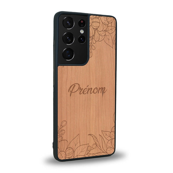 Coque de protection en bois véritable fabriquée en France pour Samsung S20 Ultra sur le thème de la fête des mères avec un motif représentant des fleurs et des feuilles