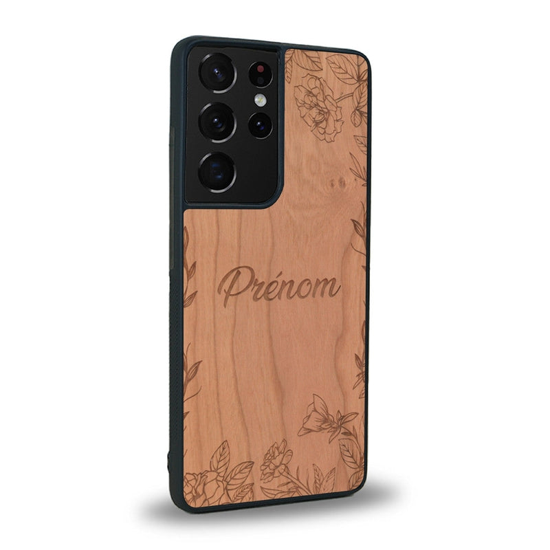 Coque de protection en bois véritable fabriquée en France pour Samsung S20 Ultra sur le thème de la fête des mères avec un motif représentant des fleurs et des feuilles