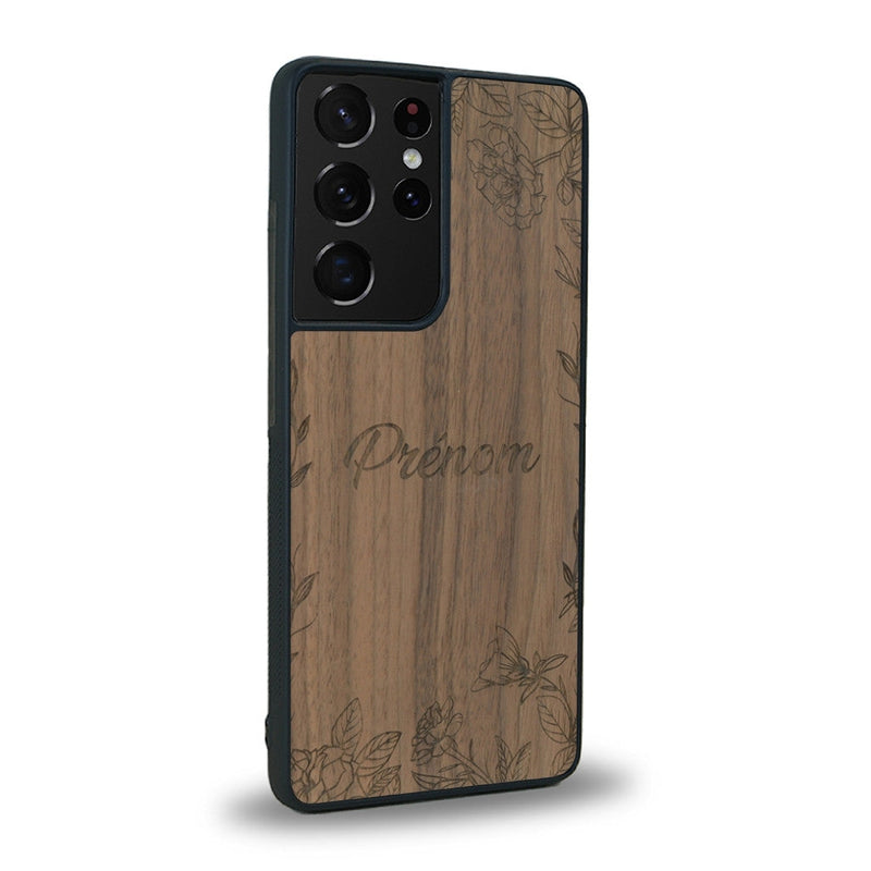 Coque de protection en bois véritable fabriquée en France pour Samsung S20 Ultra sur le thème de la fête des mères avec un motif représentant des fleurs et des feuilles