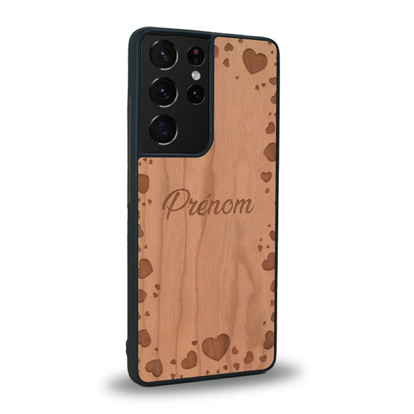 Coque de protection en bois véritable fabriquée en France pour Samsung S20 Ultra sur le thème de la fête des mères avec un motif représentant des coeurs et des feuilles