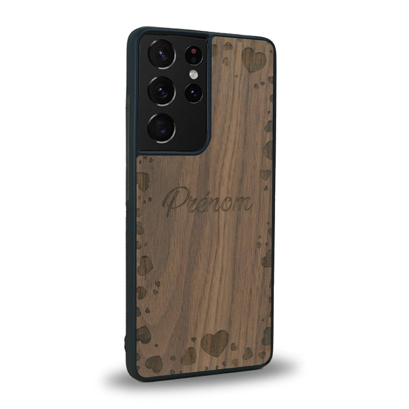 Coque de protection en bois véritable fabriquée en France pour Samsung S20 Ultra sur le thème de la fête des mères avec un motif représentant des coeurs et des feuilles