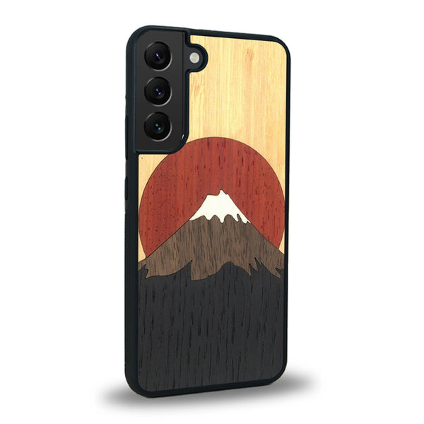 Coque de protection en bois véritable fabriquée en France pour Samsung S21 alliant plusieurs essences de bois pour représenter le mont Fuji