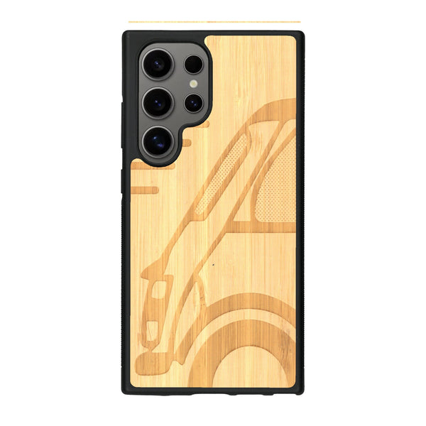 Coque de protection en bois véritable fabriquée en France pour Samsung S24 Ultra sur le thème de l'automobile avec une authentique Mini Cooper