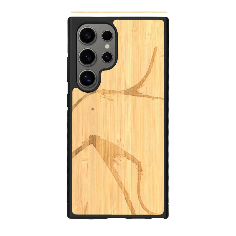 Coque de protection en bois véritable fabriquée en France pour Samsung S24 Ultra représentant une silhouette féminine dessinée à la main par l'artiste Maud Dabs