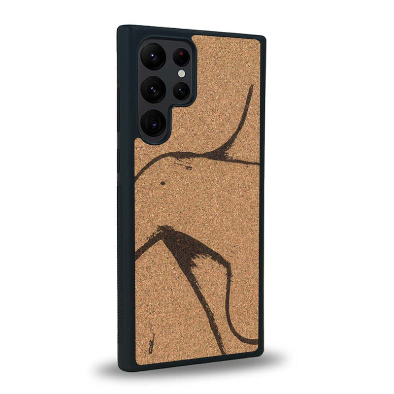 Coque de protection en bois véritable fabriquée en France pour Samsung S24 Ultra représentant une silhouette féminine dessinée à la main par l'artiste Maud Dabs