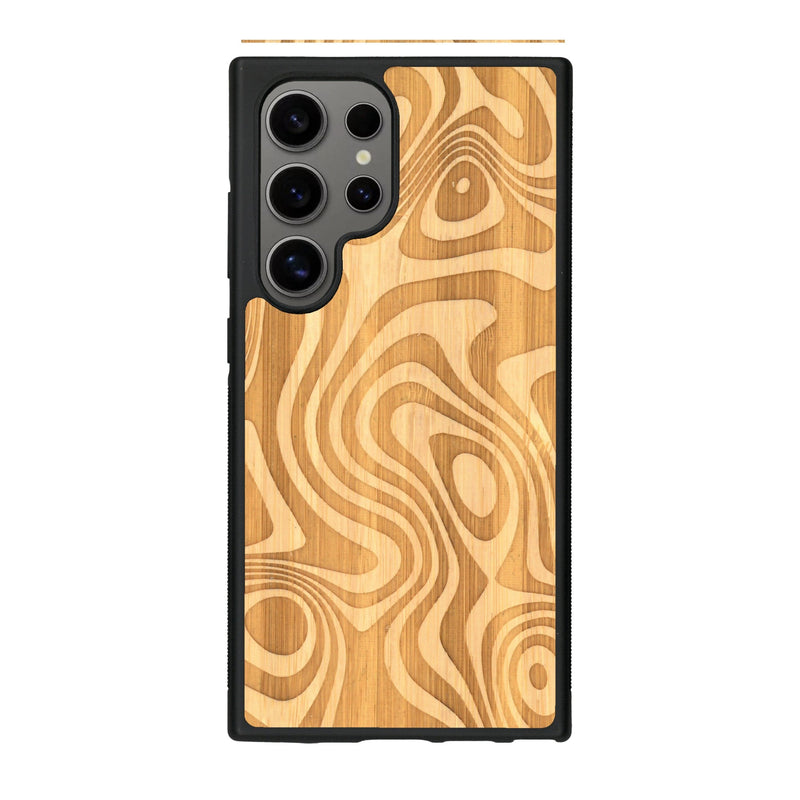 Coque de protection en bois véritable fabriquée en France pour Samsung S24 Ultra avec un motif abstrait représentant les mouvements de l'eau