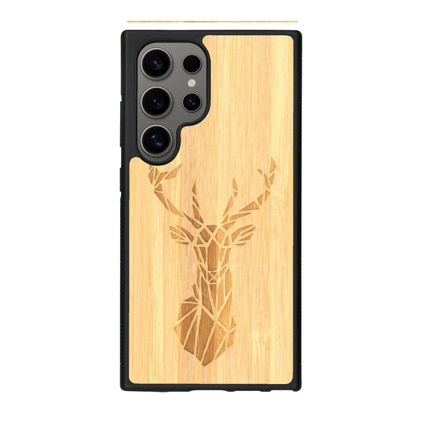 Coque de protection en bois véritable fabriquée en France pour Samsung S24 Ultra sur le thème de la nature et des animaux représentant une tête de cerf gométrique avec un design moderne et minimaliste