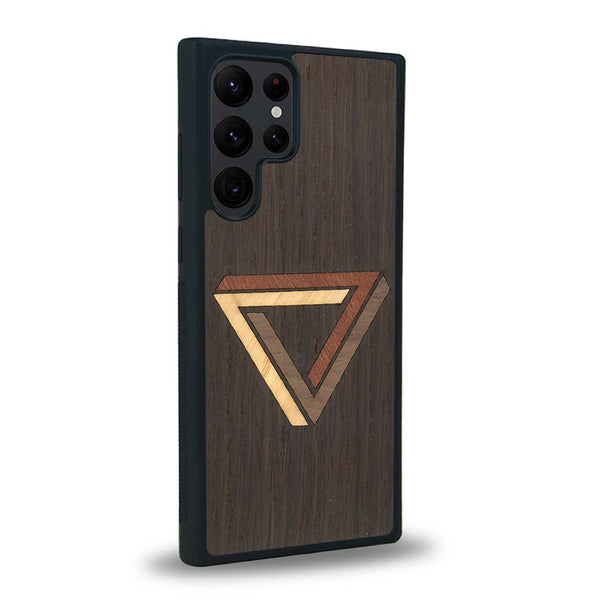 Coque de protection en bois véritable fabriquée en France pour Samsung S24 Ultra sur le thème de l'art géométrique qui allie du chêne fumé, du noyer, du bambou et du padouk représentant le triangle de penrose