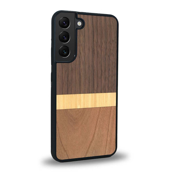 Coque de protection en bois véritable fabriquée en France pour Samsung S25+ alliant des bandes horizontales de bambou, merisier et noyer