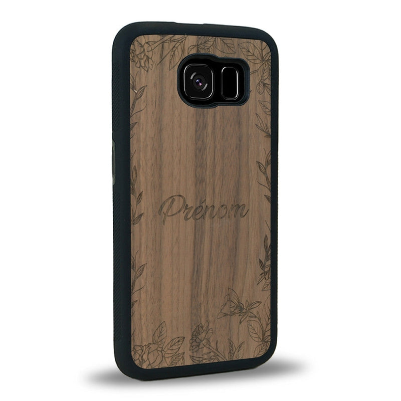 Coque de protection en bois véritable fabriquée en France pour Samsung S7 sur le thème de la fête des mères avec un motif représentant des fleurs et des feuilles