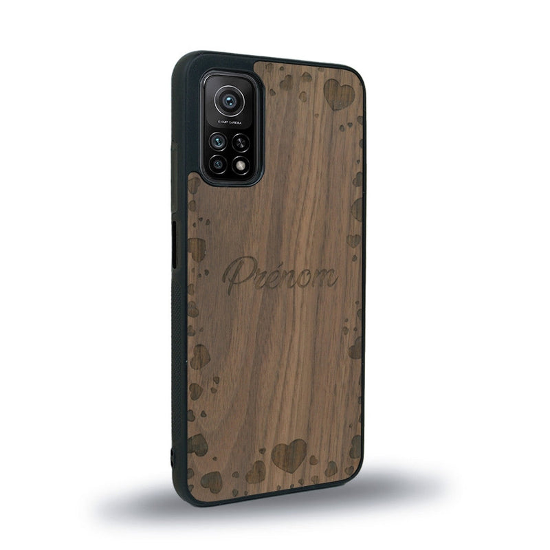 Coque de protection en bois véritable fabriquée en France pour Xiaomi Mi 10 Lite sur le thème de la fête des mères avec un motif représentant des coeurs et des feuilles