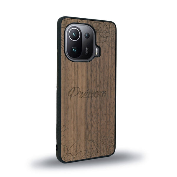 Coque de protection en bois véritable fabriquée en France pour Xiaomi Mi 11 Ultra sur le thème de la fête des mères avec un motif représentant des fleurs et des feuilles