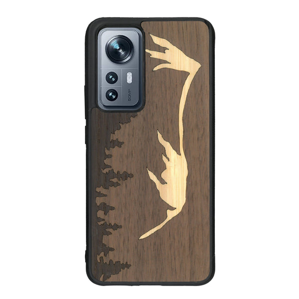 Coque de protection en bois véritable fabriquée en France pour Xiaomi Mi 12 5G sur le thème de la nature et de la montagne qui allie du chêne fumé, du noyer et du bambou représentant le mont mézenc