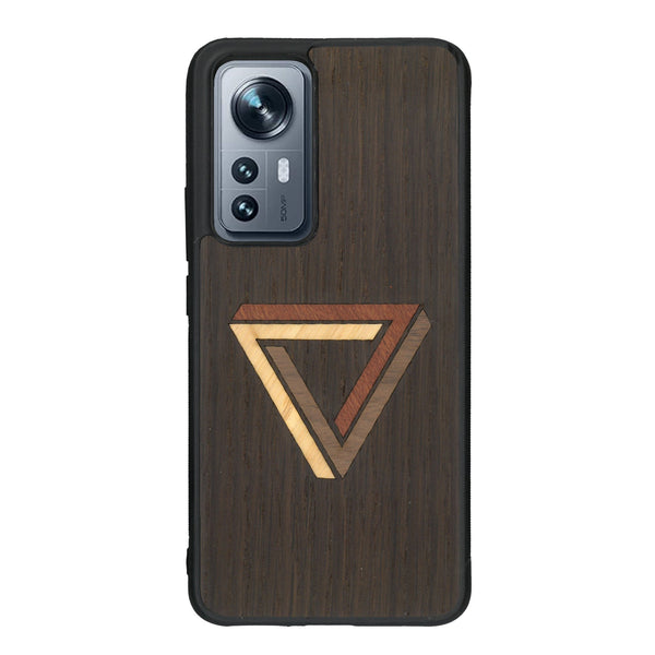 Coque de protection en bois véritable fabriquée en France pour Xiaomi Mi 12 5G sur le thème de l'art géométrique qui allie du chêne fumé, du noyer, du bambou et du padouk représentant le triangle de penrose