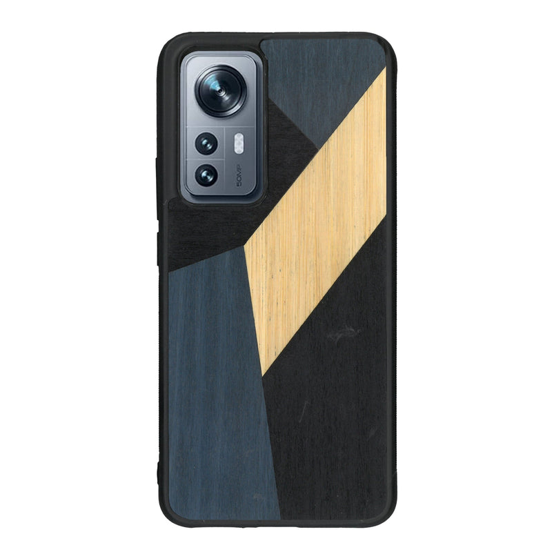 Coque de protection en bois véritable fabriquée en France pour Xiaomi Mi 12 5G alliant du bambou, du tulipier bleu et noir en forme de mosaïque minimaliste sur le thème de l'art abstrait